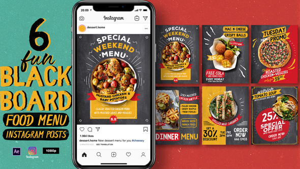 VideoHive Fun Blackboard Food Menu Instagram Posts 38017377