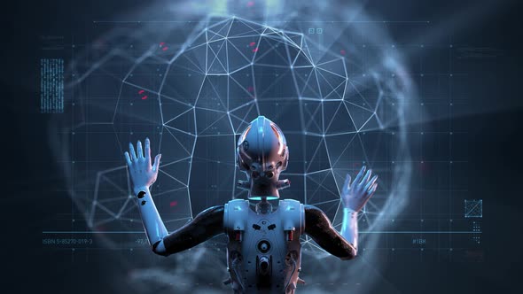 VideoHive sci-fi woman robot , large holographic interface 34212748