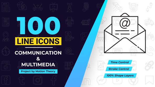 VideoHive 100 Communication & Multimedia Line Icons 38730378