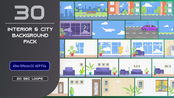 VideoHive 30 Flat Interior and City Background Pack – AE 33314305