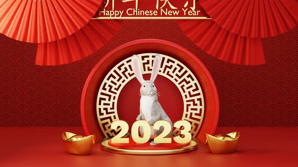 VideoHive Chinese new year 2023 year of rabbit or bunny on red Chinese pattern with hand fan background 38960487