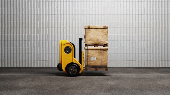 VideoHive Seamless looping driverless car forklift robot lifting and moving pallets cardboard box to storage 38960500