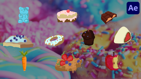 VideoHive Cartoon Sweets And Fruits Sticker Animations for After Effects 48046888